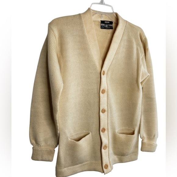 Vintage Cardigan Sweater Acrylic Men's Small Cream Grandpa Grunge Kurt Cobain - Picture 5 of 14